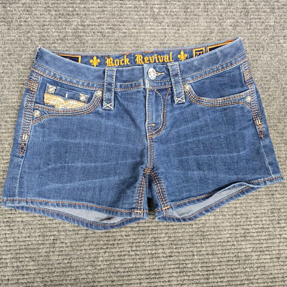Rock Revival Xia Denim Shorts Womens 27 Waist Blue Bling Fleur De Lis Y2K